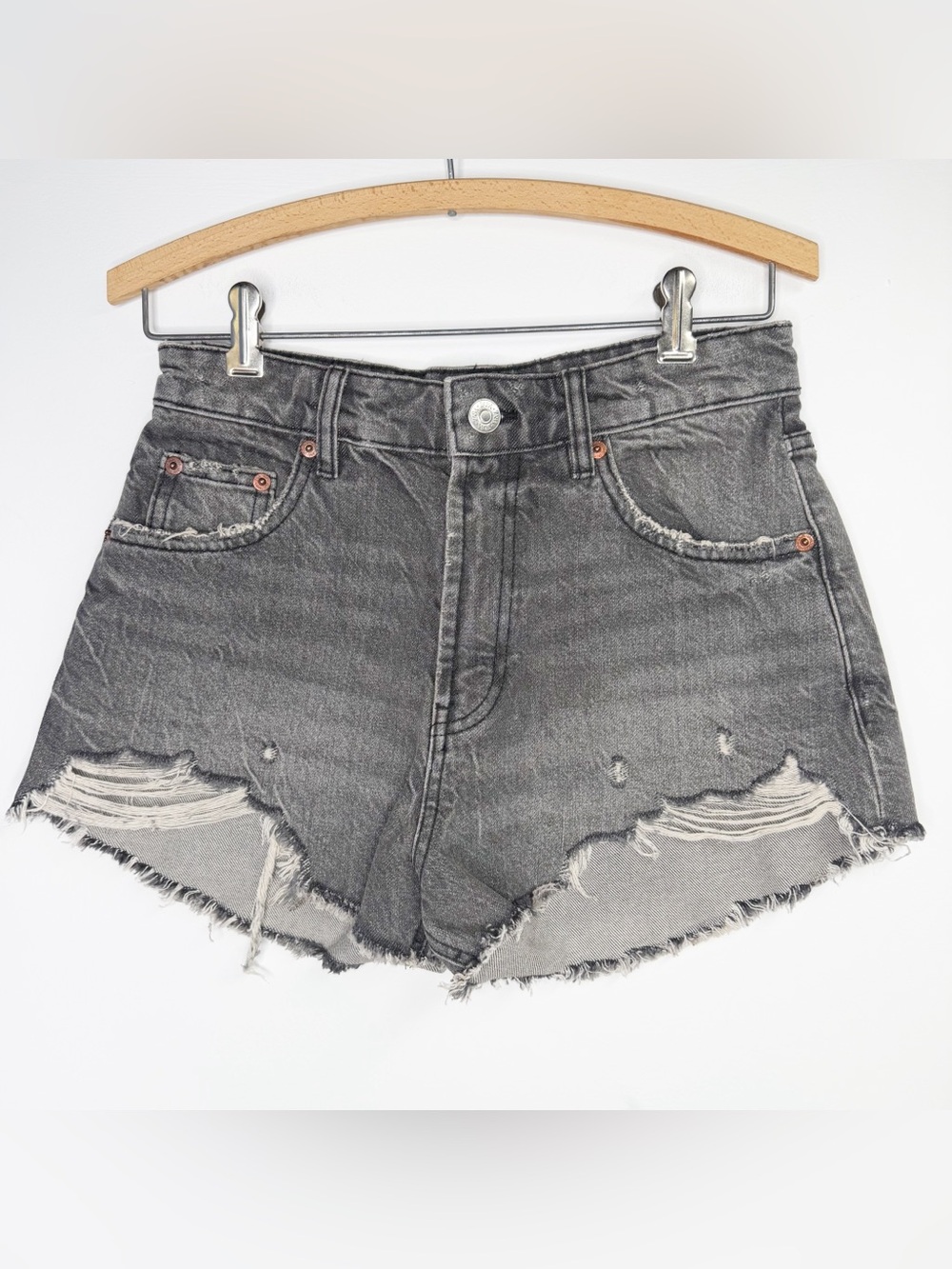 Zara Grey Washed Black Distressed Cut off High Rise Shorts Size‎ 4